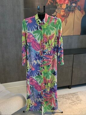 LC Waikiki Tropical Print Button down Maxi Dress - Green & Pink 36